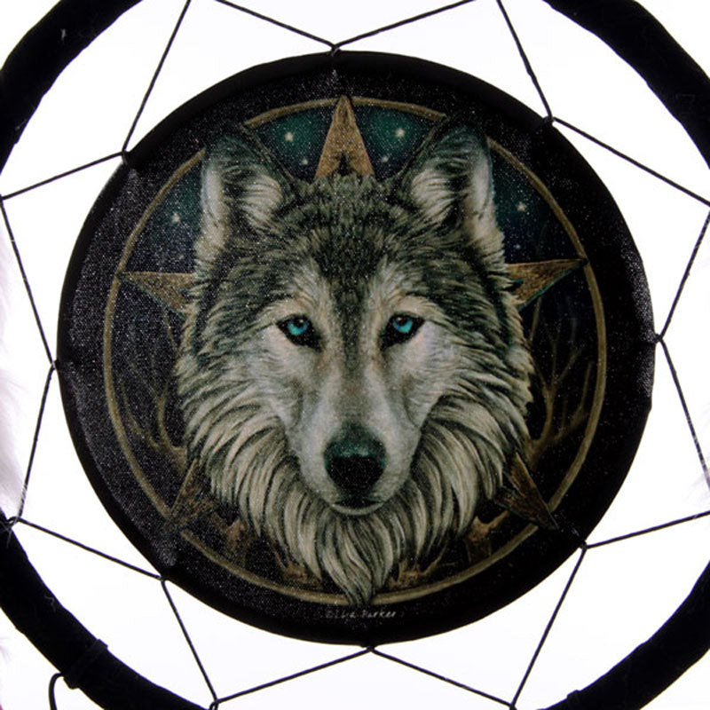 Close-up of Wild One Wolf Dreamcatcher by Lisa Parker with feathers and beads