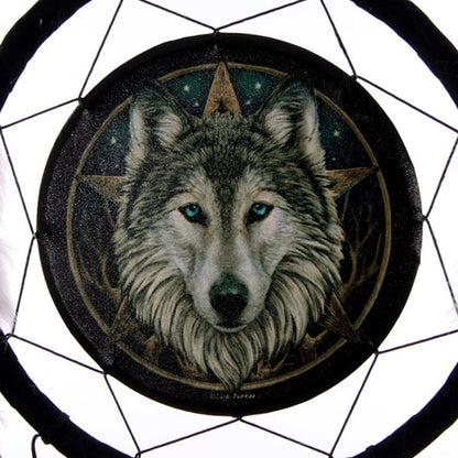 Close-up of Wild One Wolf Dreamcatcher by Lisa Parker with feathers and beads
