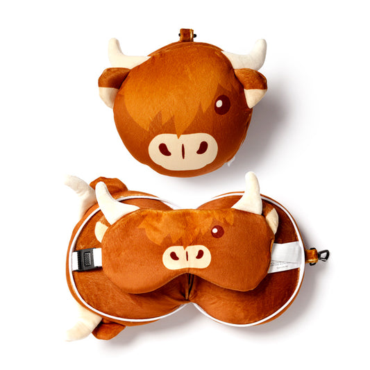 Relaxeazzz Travel Pillow & Eye Mask - Highland Coo Cow Design
