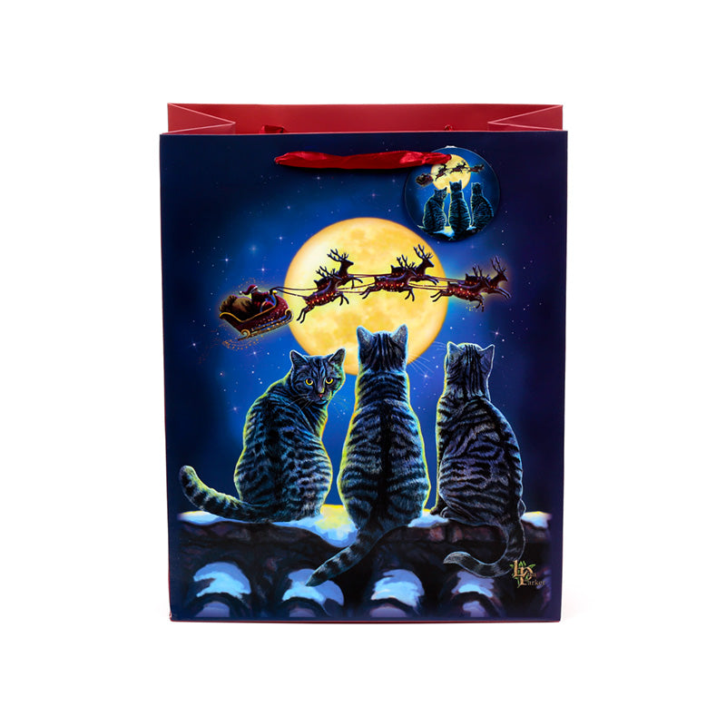 Close-up of the Lisa Parker Christmas Cats Gift Bag with ribbon handles