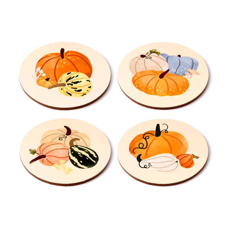 Set of four cork coasters featuring autumn artwork