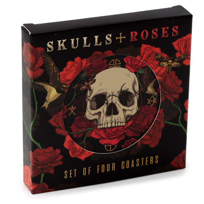 Set of 4 Cork Novelty Coasters featuring Skulls and Roses design