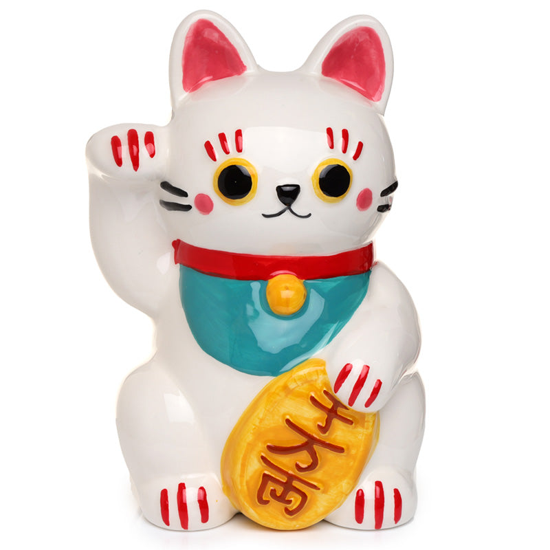 Collectable Ceramic White Maneki Neko Lucky Cat Money Box - Front View