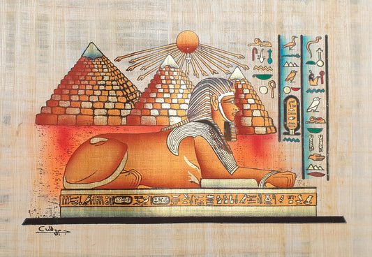 Egyptian Papyrus Painting of the Great Sphinx and Pyramids of Giza
