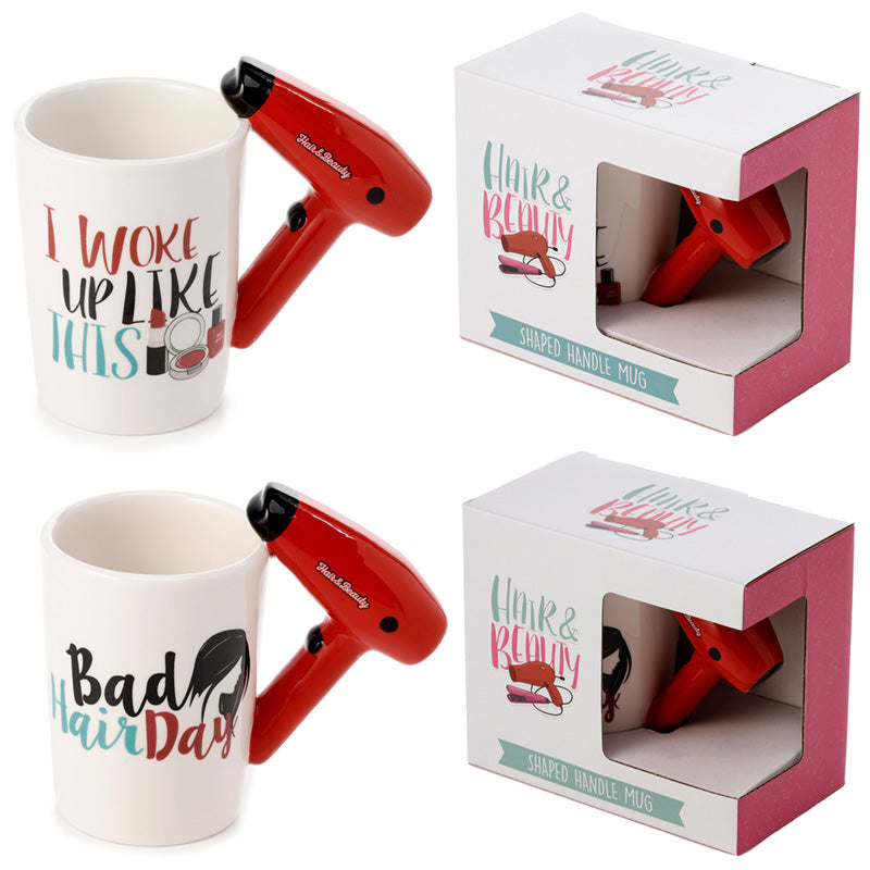 Decorative hair drier mug on display