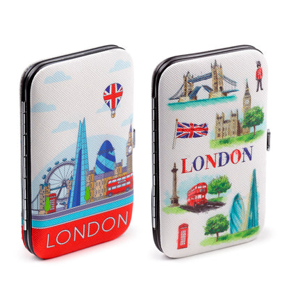Stylish manicure tools in London themed case