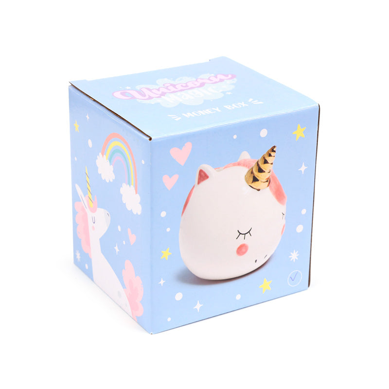 Ceramic Money Box with Unicorn Design and Rainbow Accents