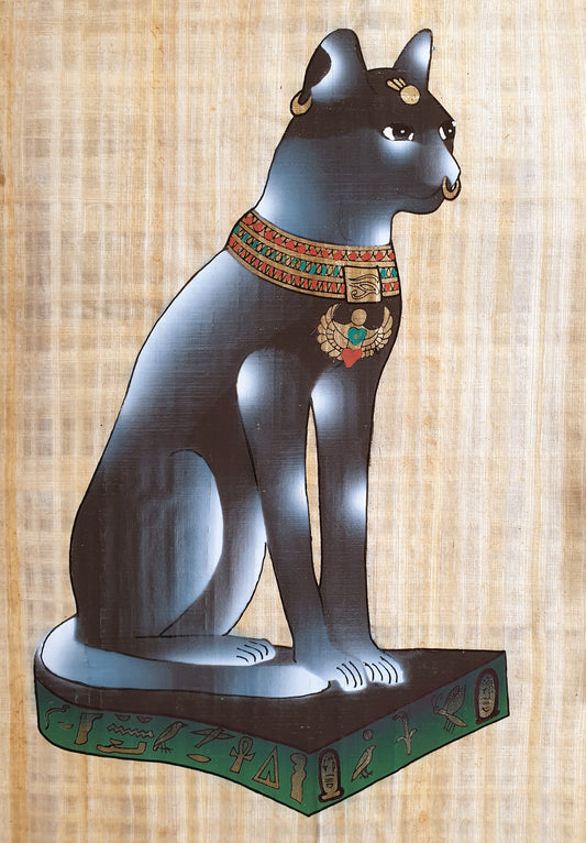 Egyptian papyrus painting of the goddess Bastet, depicted as a lioness