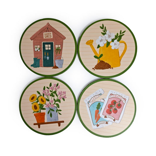 Set of 4 cork novelty coasters with garden-themed designs
