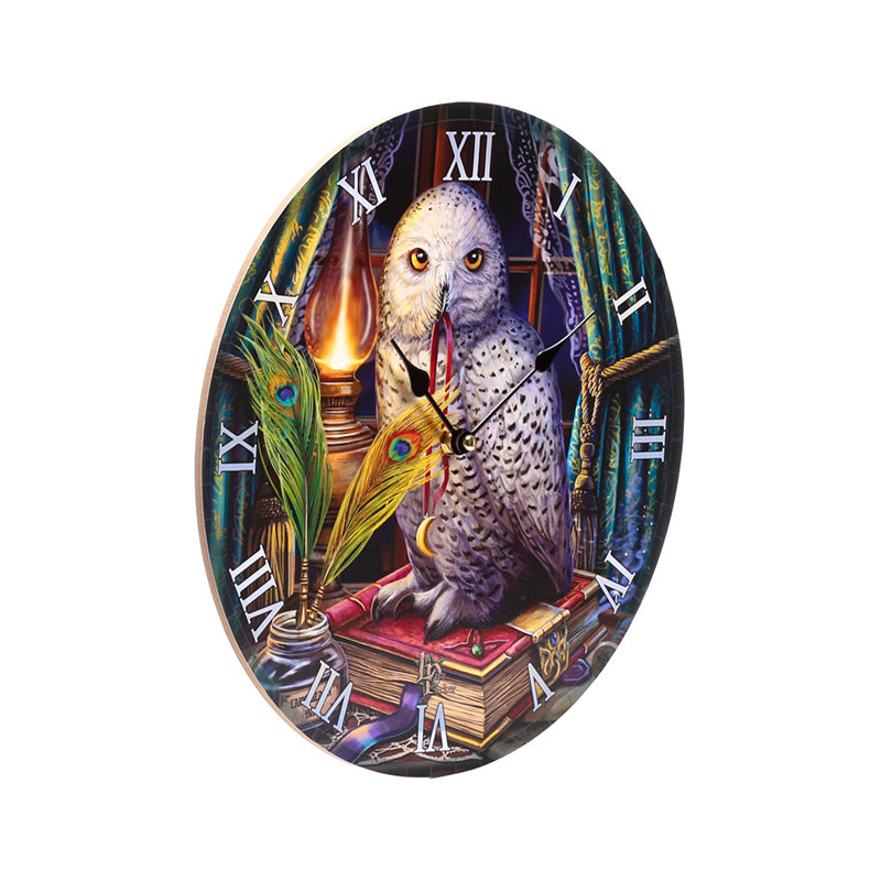 Close-up of Lisa Parker Guardian of Spells Owl Wall Clock