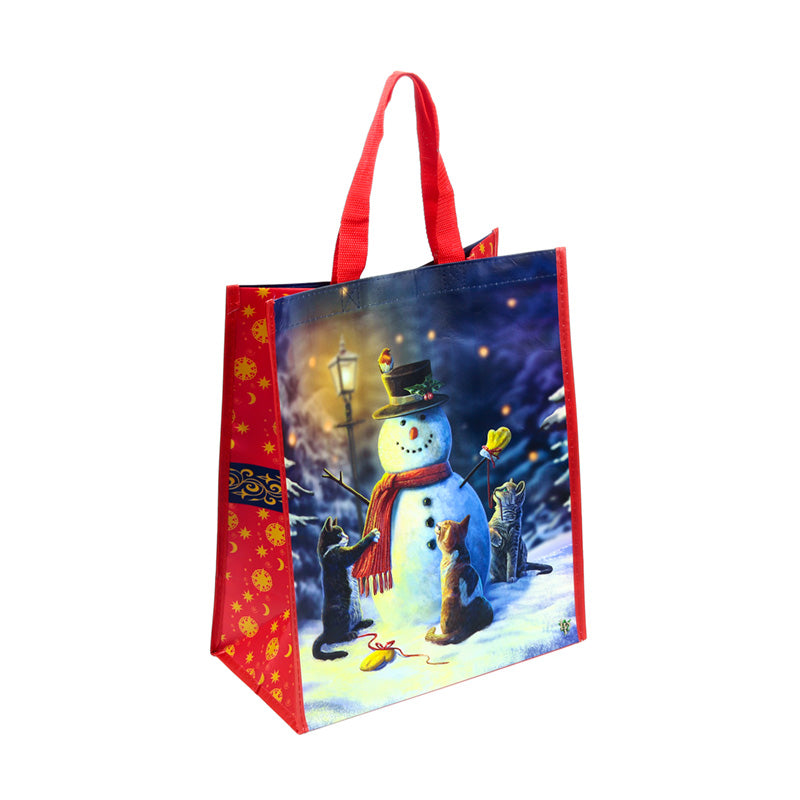 Durable reusable shopping bag featuring Lisa Parker's Christmas cats and snowman design.