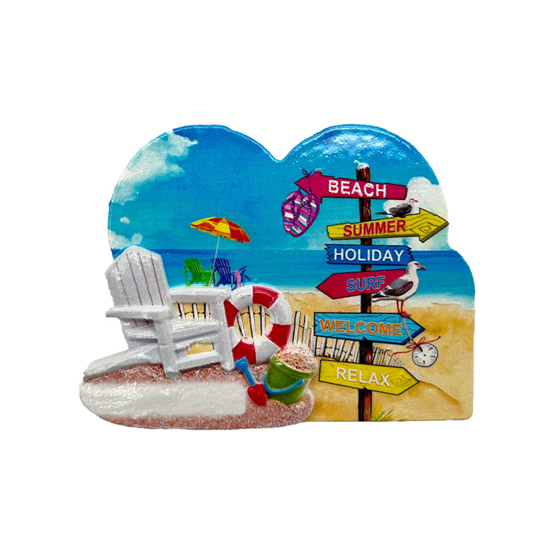 Heart-shaped beach souvenir magnet with beach signs and deck chair