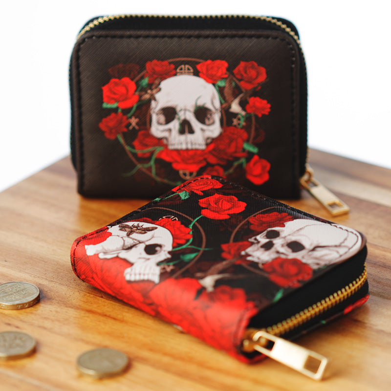 Stylish Skulls and Roses Zip Wallet on display