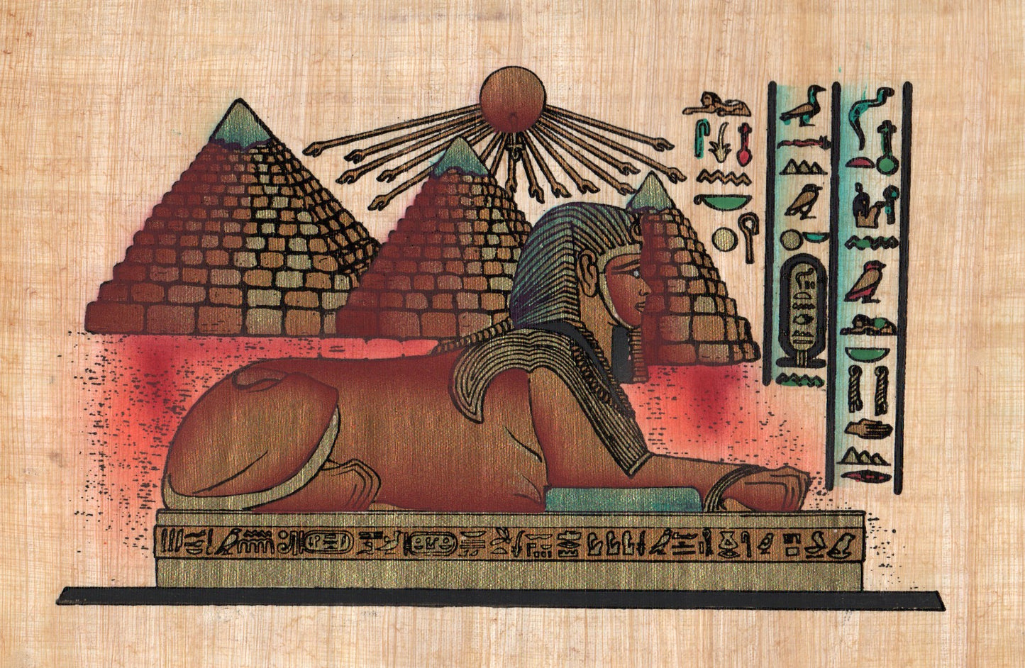 Egyptian Papyrus Painting of the Great Sphinx and Pyramids of Giza