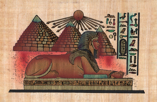 Egyptian Papyrus Painting of the Great Sphinx and Pyramids of Giza