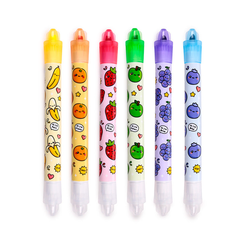 Erasable highlighters in assorted fruit-inspired colours