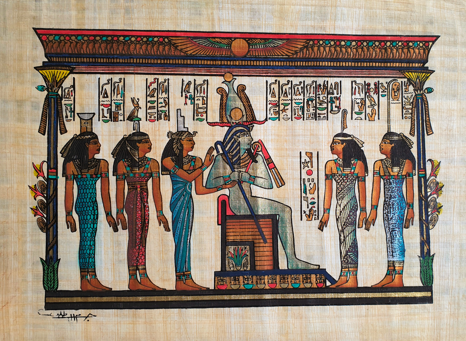 Papyrus art depicting Osiris and the Five Goddesses of Egyptian mythology