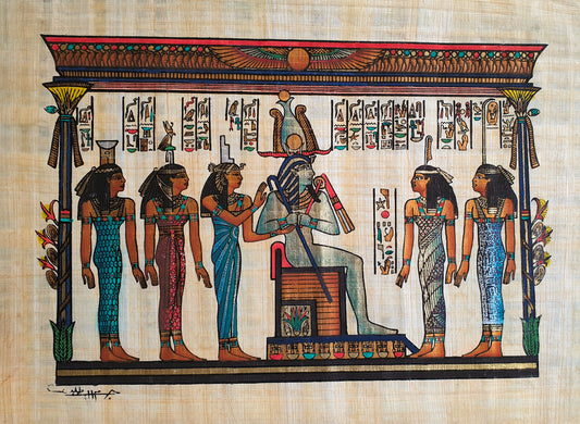 Papyrus art depicting Osiris and the Five Goddesses of Egyptian mythology