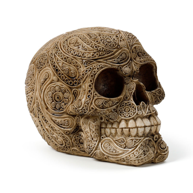 Elegant Damask Skull Ornament displayed on a shelf