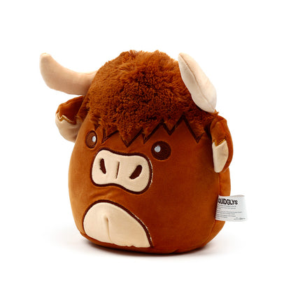 Squidglys Highland Coo Cow plush toy on display