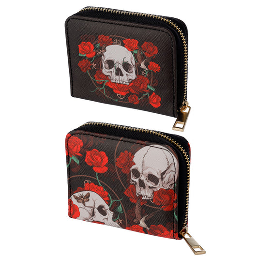 Small Zip Around Wallet with Skulls and Roses design