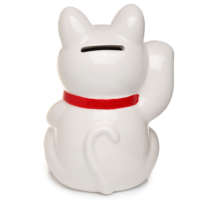 Collectable Ceramic White Maneki Neko Lucky Cat Money Box - Close Up