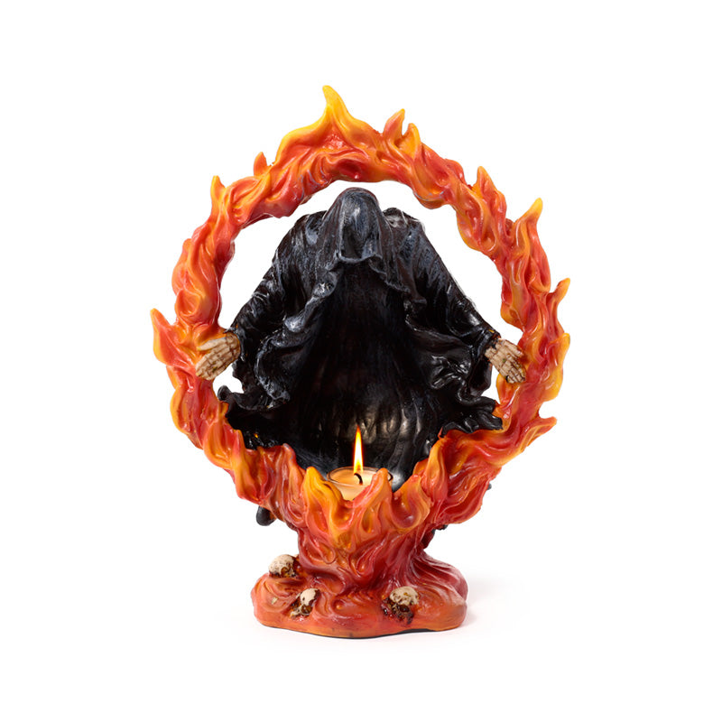 Gothic tea light holder with fiery ring design