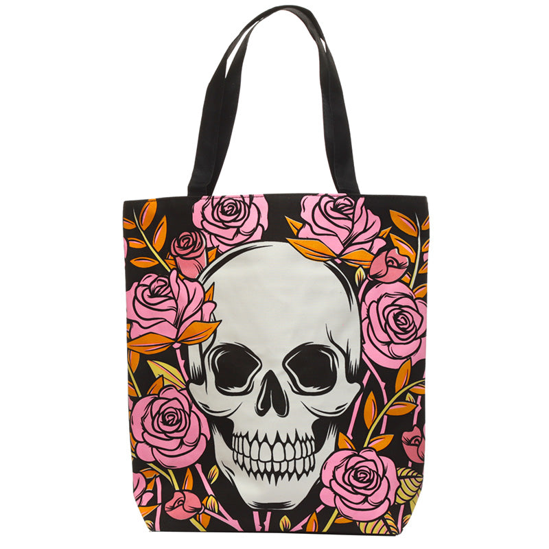 Skulls and Roses Tote Shopping Bag front view