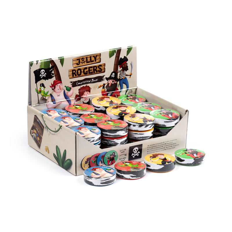 Compressed travel towel featuring Jolly Rogers pirate design