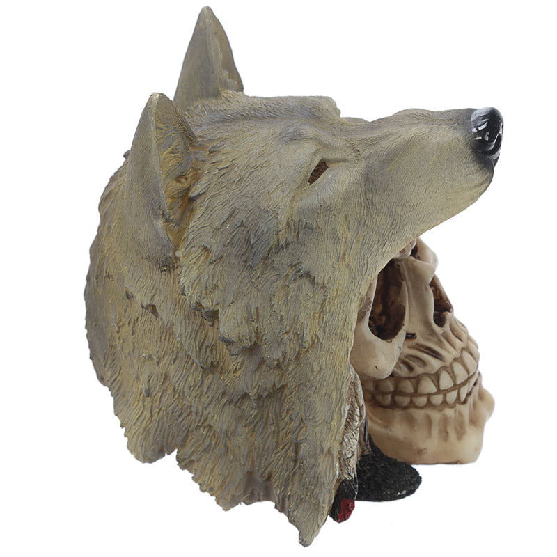 Close-up of Fantasy Skull with Wolf Head Ornament