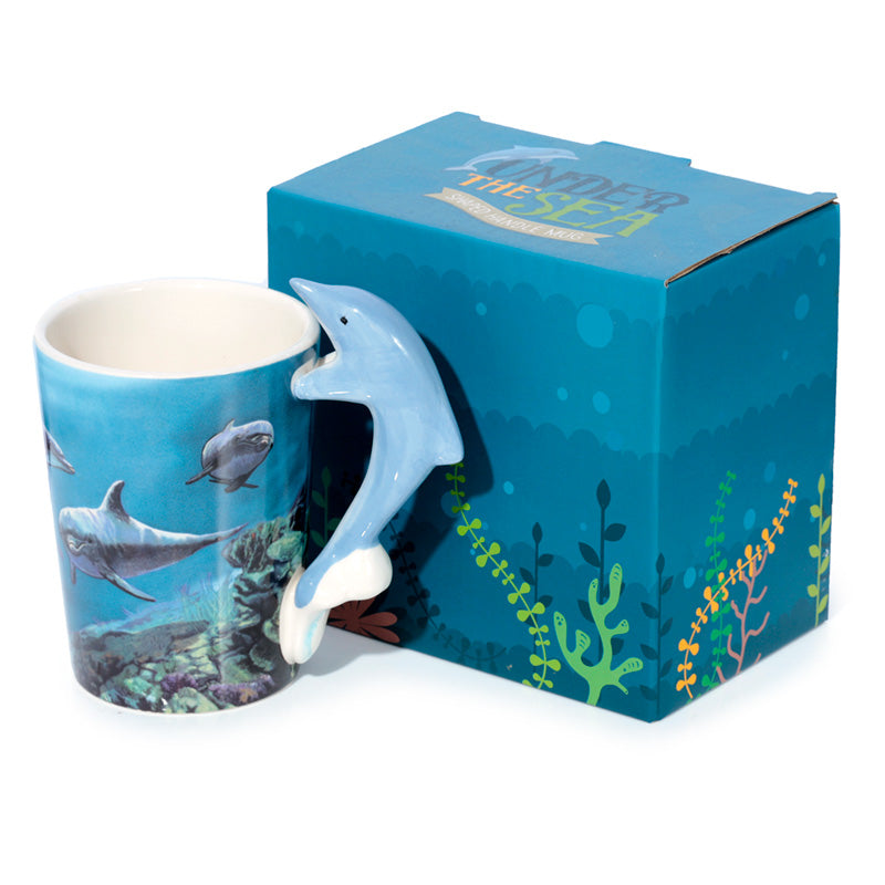 Vibrant dolphin handle ceramic mug in a kitchen