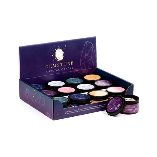 Wax Candle Tin with Crystal Gemstones and Dried Flowers