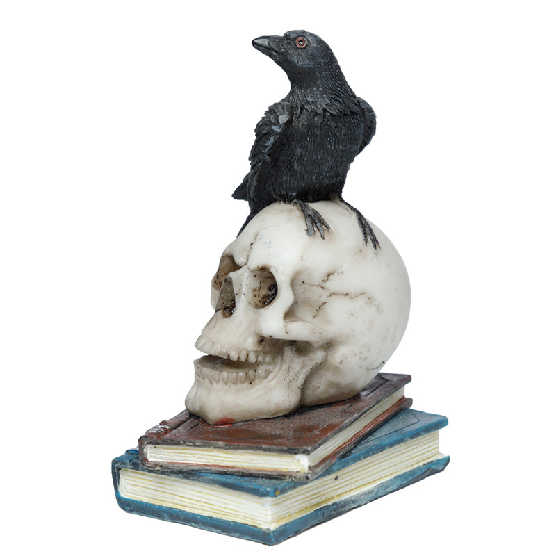 Crow standing on skull and vintage books ornament