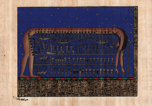 Egyptian papyrus painting of the Goddess Nut, depicting celestial motifs and ancient mythology