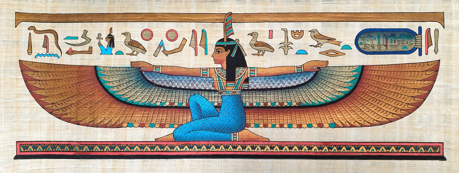 Egyptian Papyrus Painting of Winged Maat, goddess of truth and balance