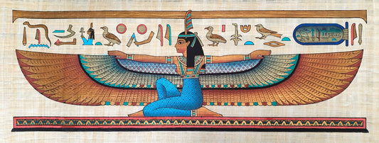 Egyptian Papyrus Painting of Winged Maat, goddess of truth and balance