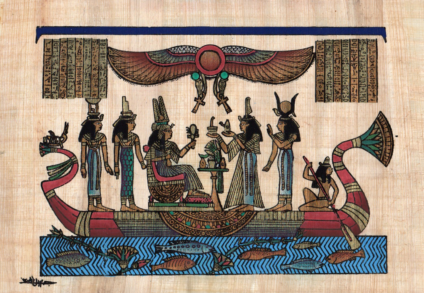 Egyptian papyrus painting of Nefertari on the Solar Barge