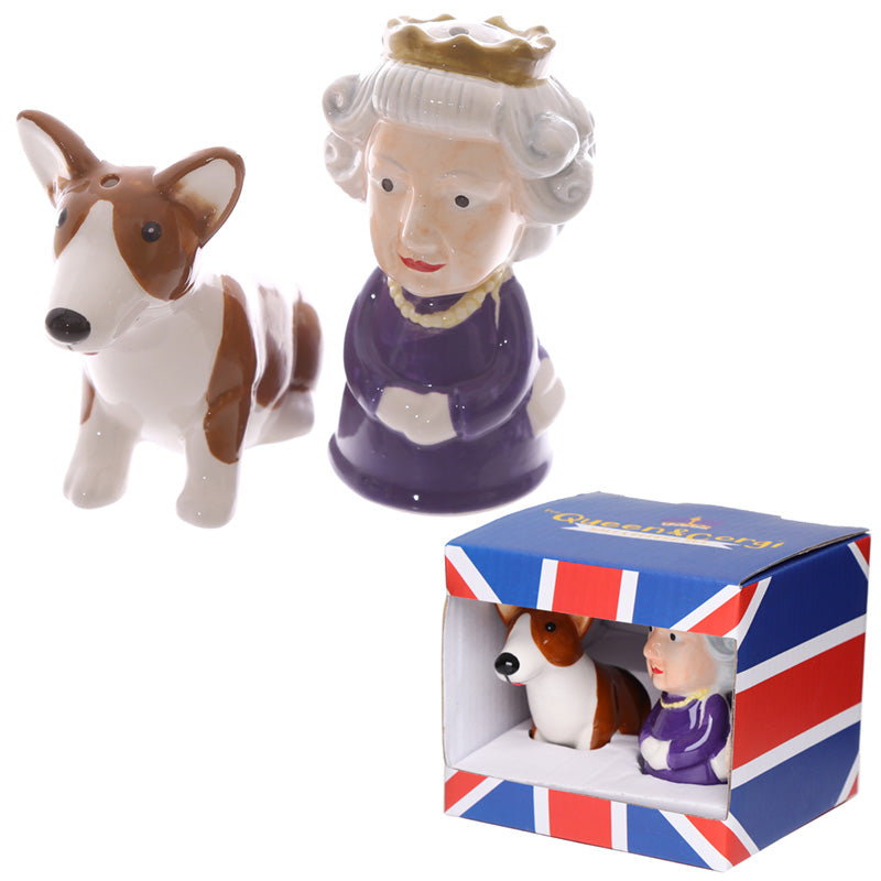 Ceramic Salt & Pepper Set featuring Queen and Corgi