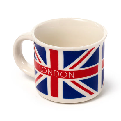 Two porcelain espresso cups featuring iconic London imagery