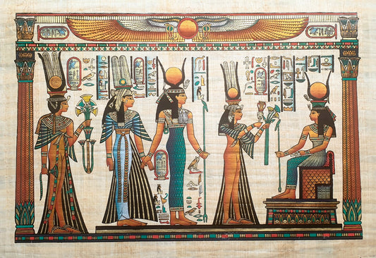 Nefertari presenting offerings to Isis in Egyptian papyrus art