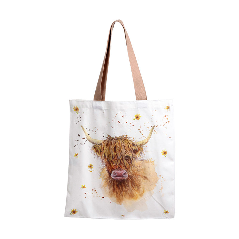 Close-up of Jan Pashley Highland Coo Cow design on tote