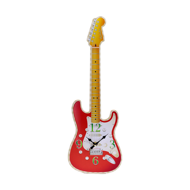 Close-up of guitar wall clock with detailed craftsmanship