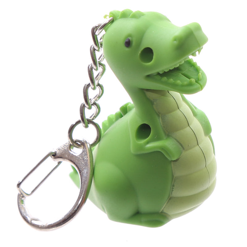 Close-up of RAWR Dinosaur Keyring with LED light