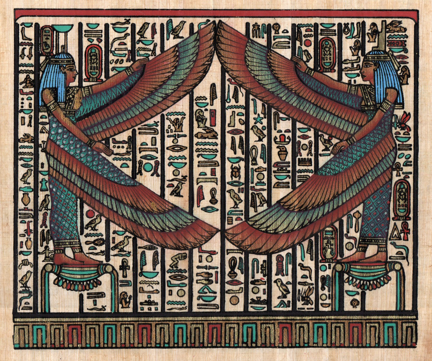 Egyptian papyrus art depicting goddesses Nephthys and Isis