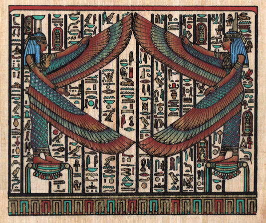 Egyptian papyrus art depicting goddesses Nephthys and Isis