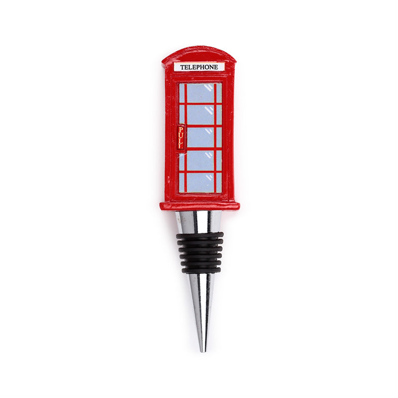 Decorative London-themed bottle stopper on a table