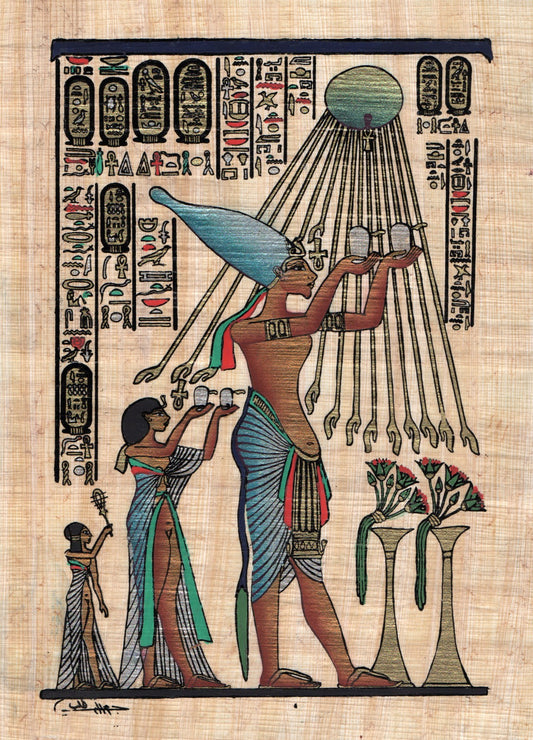 Egyptian papyrus painting of Akhenaten with sun god Aten