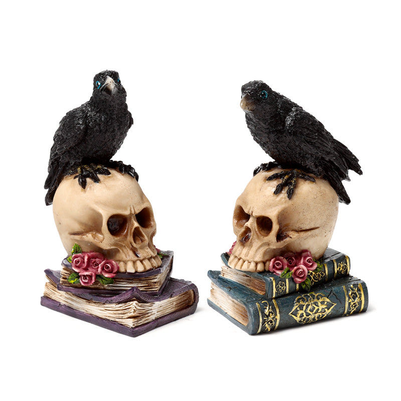 Decorative ornament featuring a crow on a skull and vintage books