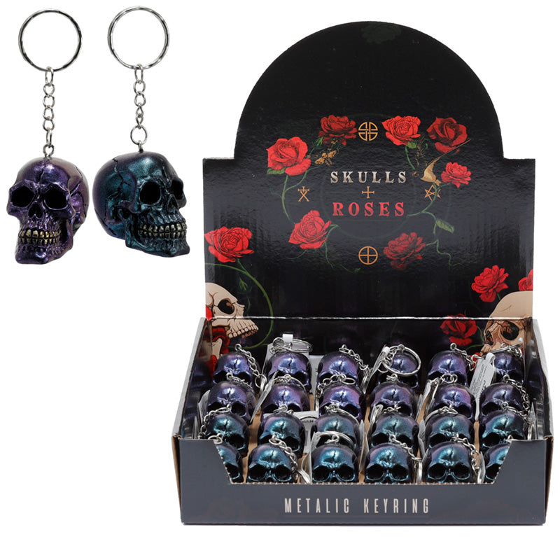 Skulls and Roses Metallic Skull Keyring with gothic decor