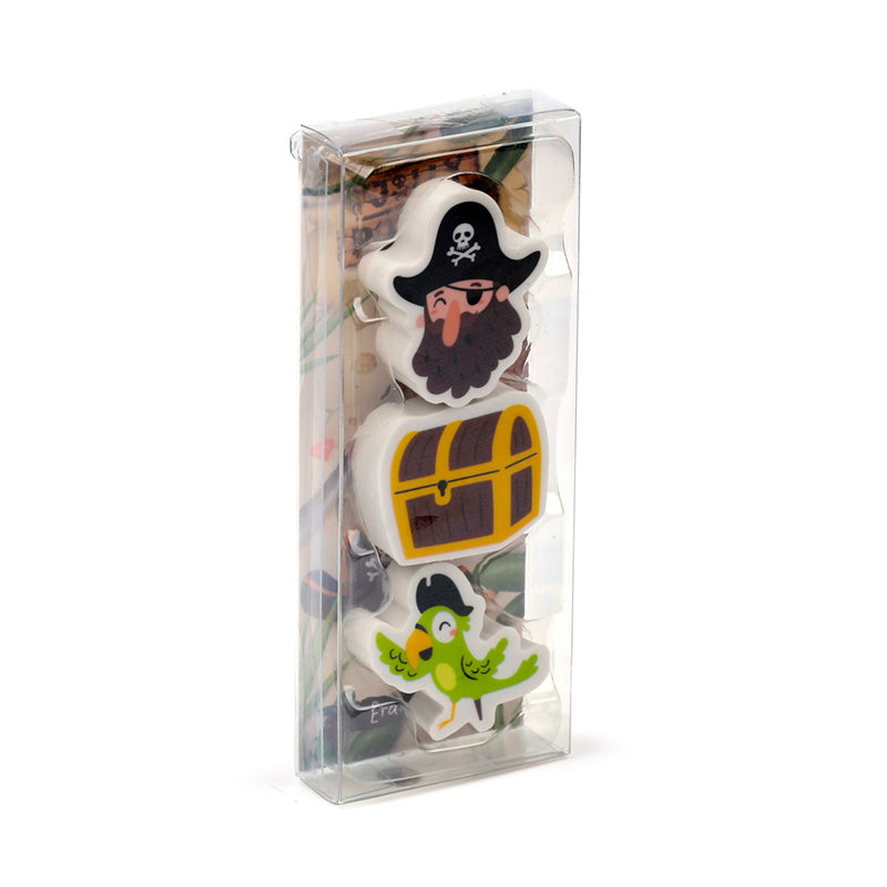 Colorful pirate-themed erasers in a set